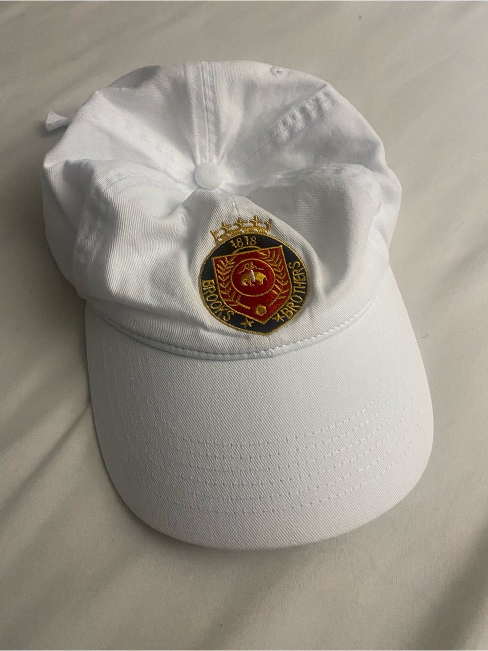 Vintage Brooks Brothers White Cap with Red and Gold Crest